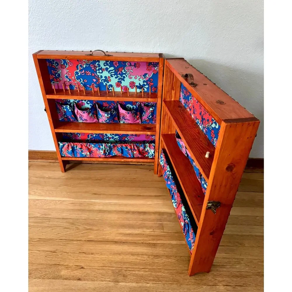 One of a Kind Handmade Folding Sewing & Craft Cabinet Folk Art Organizer